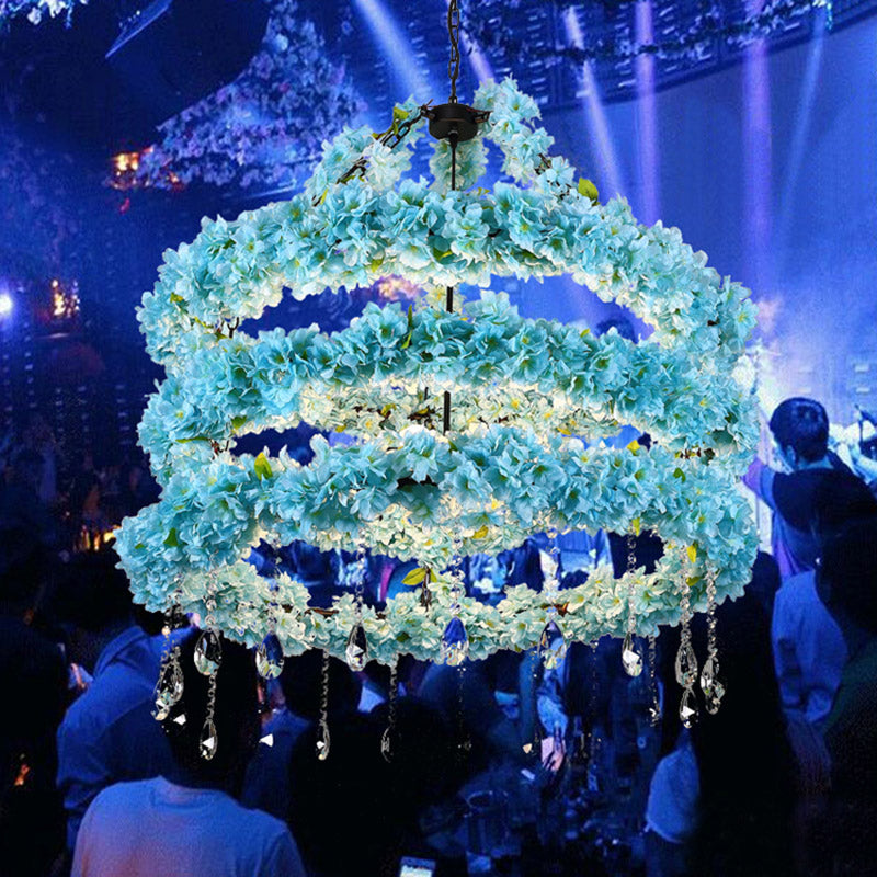 6 Heads Metal Pendant Chandelier Industrial Blue Circle Restaurant LED Flower Down Lighting with Crystal Accent, 31.5