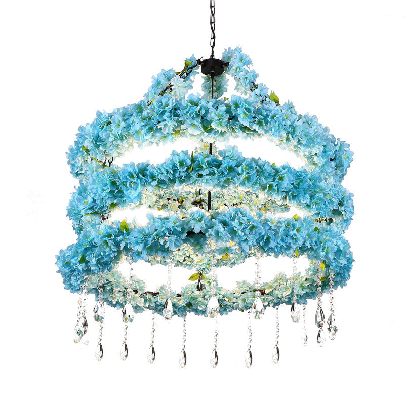 6 Heads Metal Pendant Chandelier Industrial Blue Circle Restaurant LED Flower Down Lighting with Crystal Accent, 31.5