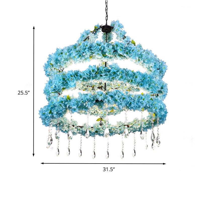 6 Heads Metal Pendant Chandelier Industrial Blue Circle Restaurant LED Flower Down Lighting with Crystal Accent, 31.5