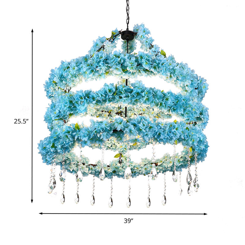 6 Heads Metal Pendant Chandelier Industrial Blue Circle Restaurant LED Flower Down Lighting with Crystal Accent, 31.5