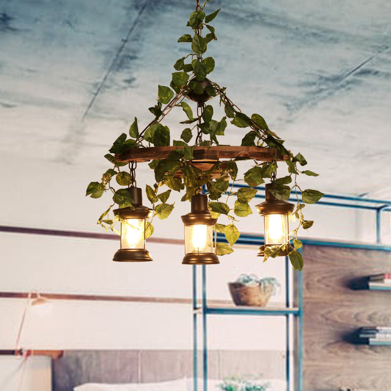 Green Lantern Chandelier Lighting Fixture Industrial Wooden 3/6/8 Heads Restaurant LED Plant Ceiling Light, 21.5