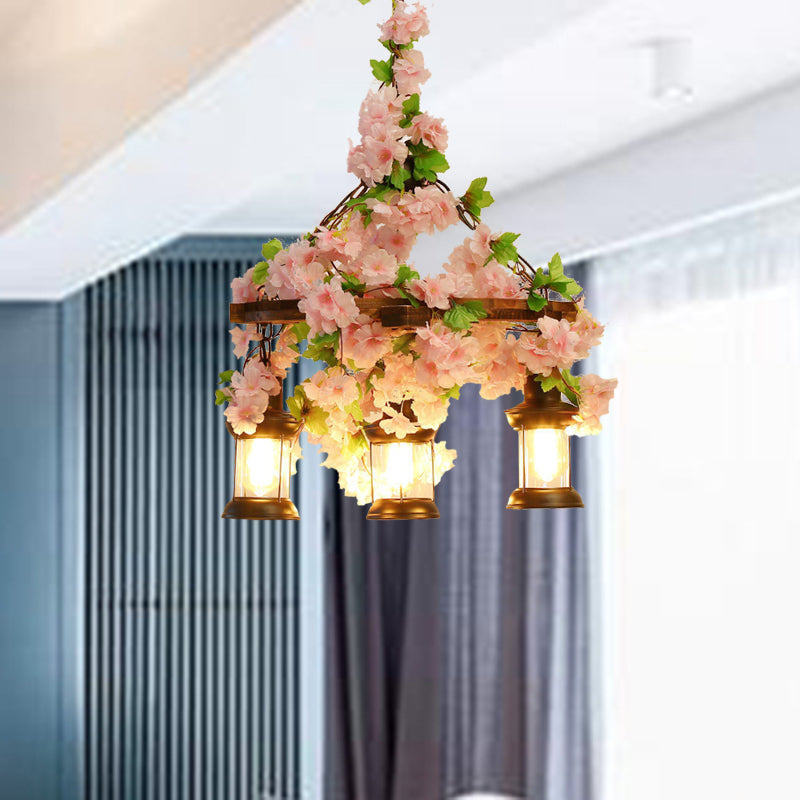 Vintage Lantern Pendant Chandelier 3/6/8 Heads Wooden LED Flower Suspension Light in Pink, 21.5