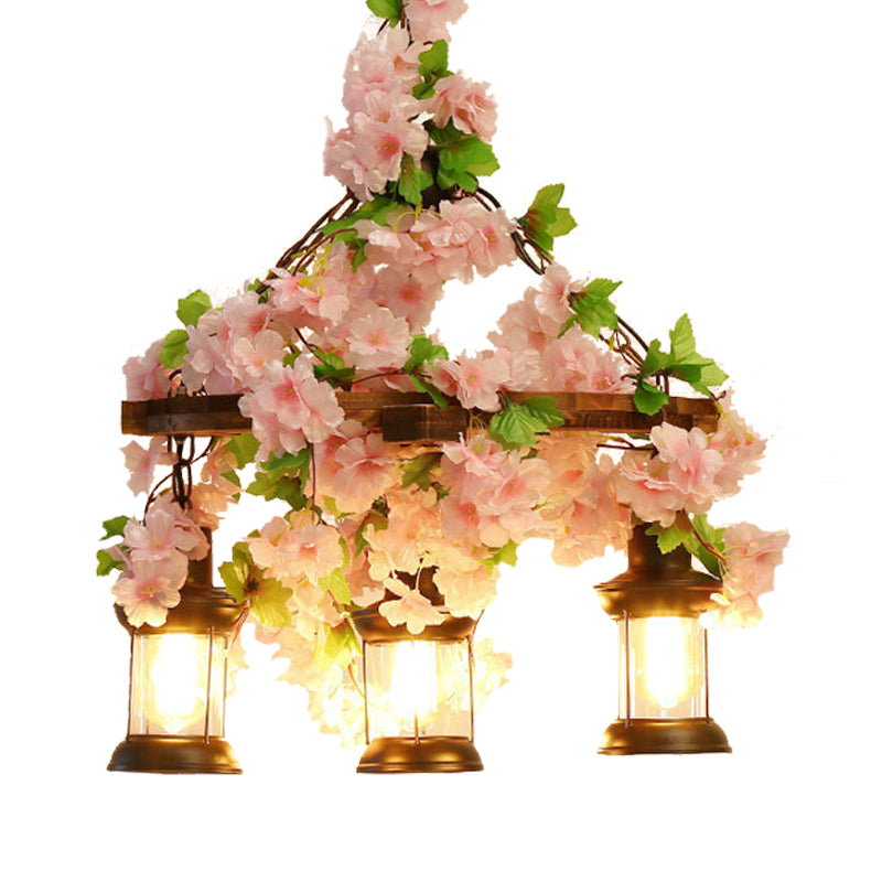 Vintage Lantern Pendant Chandelier 3/6/8 Heads Wooden LED Flower Suspension Light in Pink, 21.5