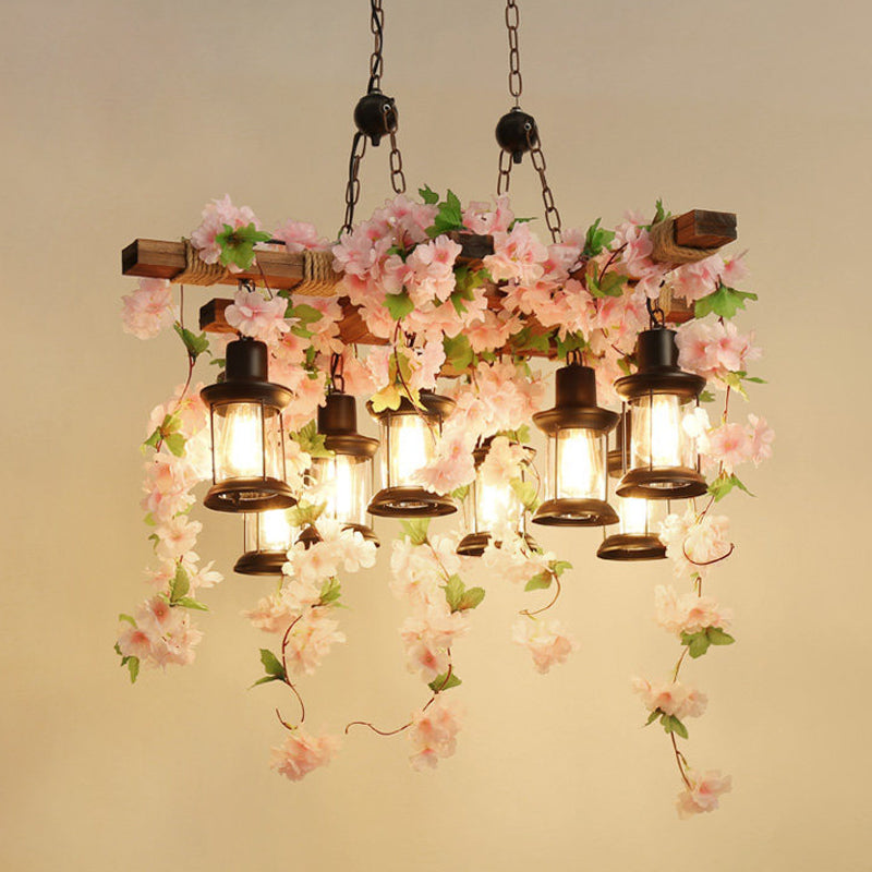 Vintage Lantern Pendant Chandelier 3/6/8 Heads Wooden LED Flower Suspension Light in Pink, 21.5