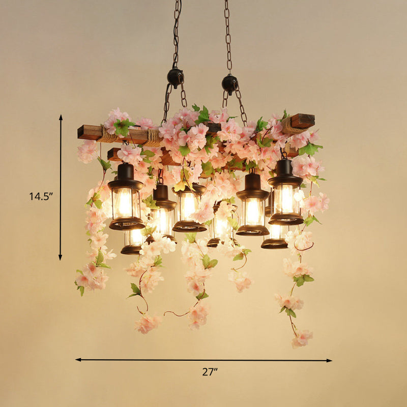 Vintage Lantern Pendant Chandelier 3/6/8 Heads Wooden LED Flower Suspension Light in Pink, 21.5