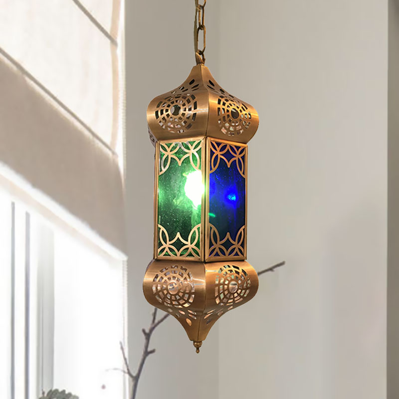 Lantern Metal Hanging Light Kit Retro 1 Light Living Room Pendant Ceiling Lamp in Blue Blue Clearhalo 'Ceiling Lights' 'Pendant Lights' 'Pendants' Lighting' 392050_fe114d7a-7885-4620-aedc-4933799e1689