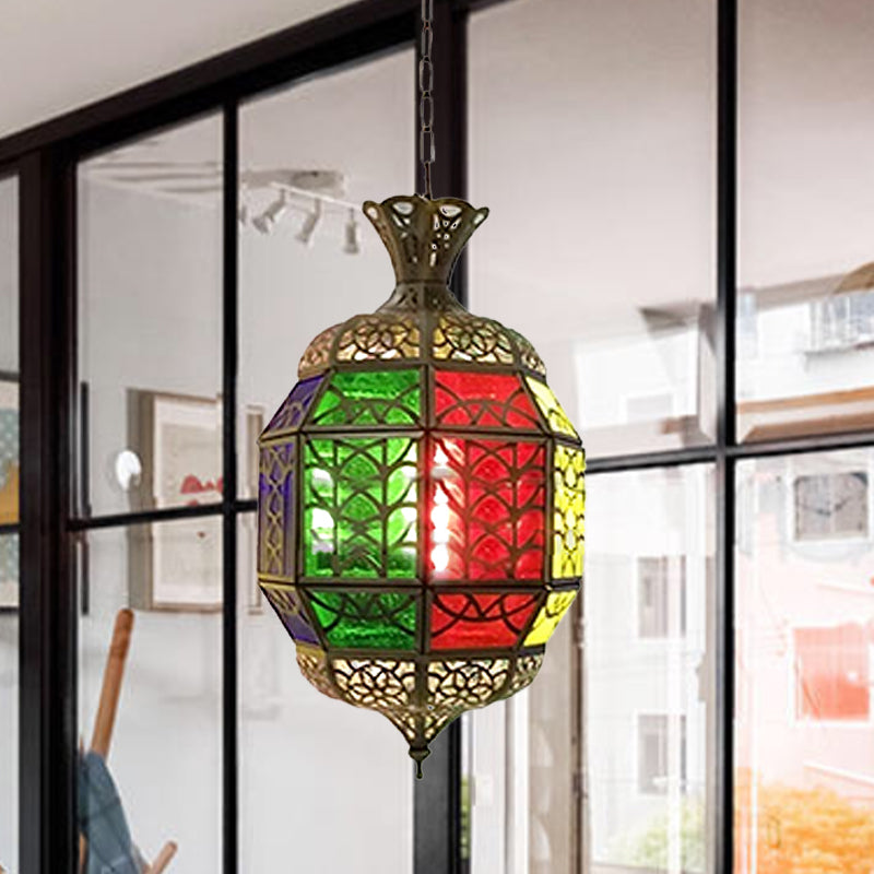 Metallic Lantern Pendant Lamp Vintage 1 Light Balcony Hanging Ceiling Lighting in Red Clearhalo 'Ceiling Lights' 'Pendant Lights' 'Pendants' Lighting' 392065