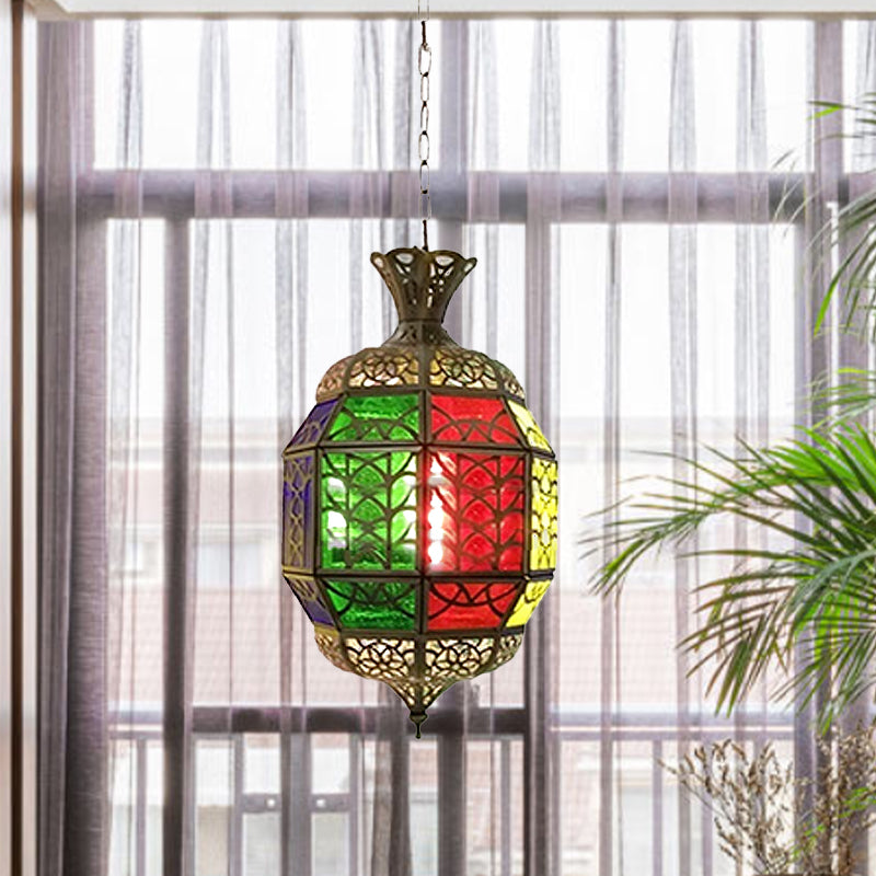 Metallic Lantern Pendant Lamp Vintage 1 Light Balcony Hanging Ceiling Lighting in Red Clearhalo 'Ceiling Lights' 'Pendant Lights' 'Pendants' Lighting' 392067