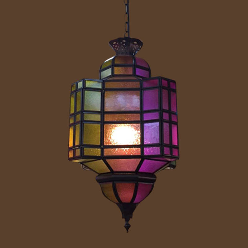 Lantern Restaurant Ceiling Light Antiqued Metal 1 Head Purple Suspension Hanging Lamp Clearhalo 'Ceiling Lights' 'Pendant Lights' 'Pendants' Lighting' 392083