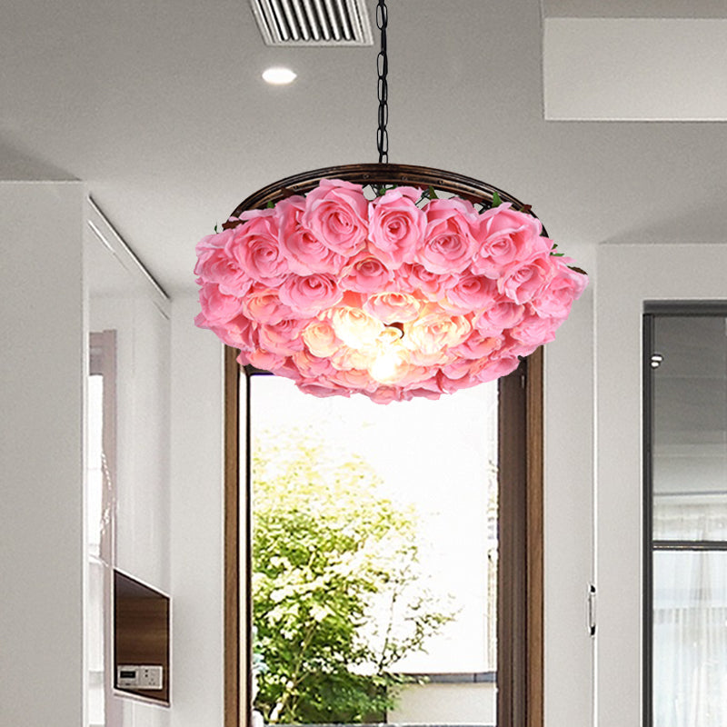 Metal Brass Ceiling Lamp Round 1 Head Industrial LED Pendant Light Fixture with Rose Decoration, 13