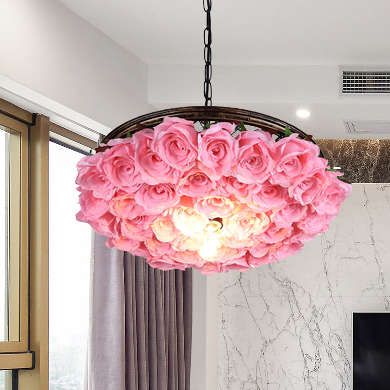 Metal Brass Ceiling Lamp Round 1 Head Industrial LED Pendant Light Fixture with Rose Decoration, 13