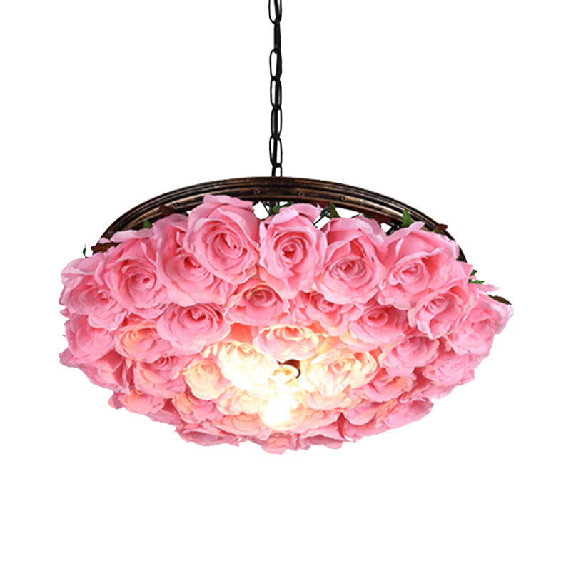 Metal Brass Ceiling Lamp Round 1 Head Industrial LED Pendant Light Fixture with Rose Decoration, 13