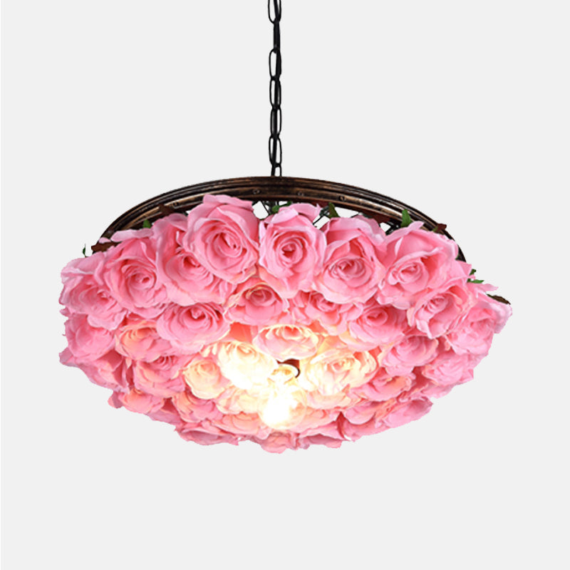 Metal Brass Ceiling Lamp Round 1 Head Industrial LED Pendant Light Fixture with Rose Decoration, 13