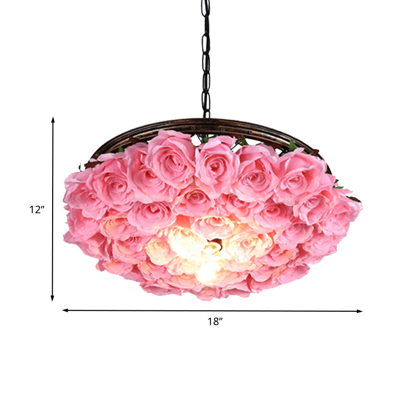 Metal Brass Ceiling Lamp Round 1 Head Industrial LED Pendant Light Fixture with Rose Decoration, 13