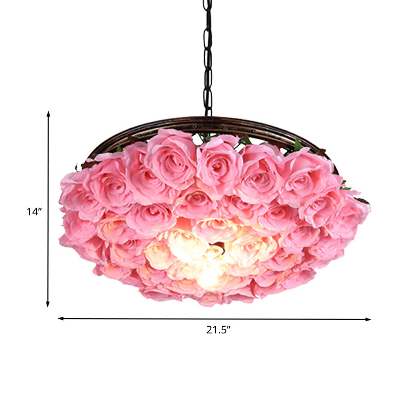 Metal Brass Ceiling Lamp Round 1 Head Industrial LED Pendant Light Fixture with Rose Decoration, 13