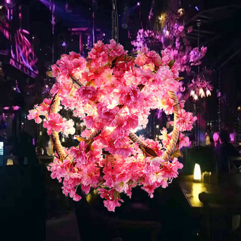 Pink Ball Pendant Light Retro Metal 1 Head Restaurant LED Ceiling Lamp with Flower Decoration, 14