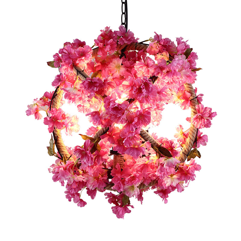 Pink Ball Pendant Light Retro Metal 1 Head Restaurant LED Ceiling Lamp with Flower Decoration, 14