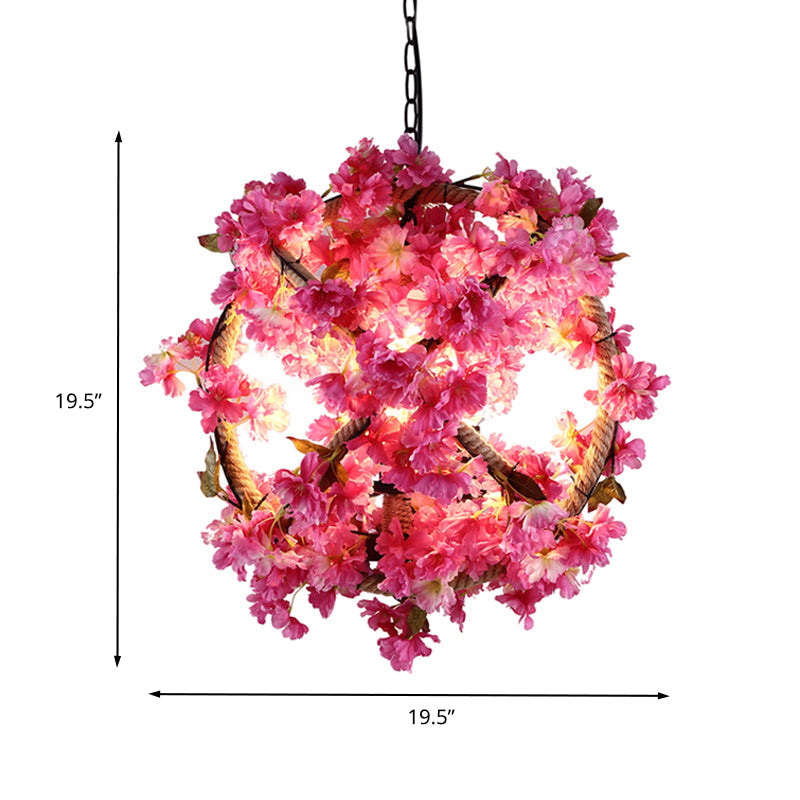 Pink Ball Pendant Light Retro Metal 1 Head Restaurant LED Ceiling Lamp with Flower Decoration, 14