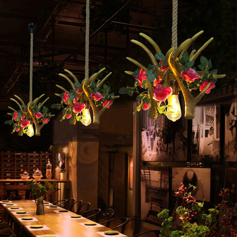 Antler Restaurant Pendant Lighting Industrial Metal 1 Bulb Pink/Red LED Flower Hanging Light Fixture Clearhalo 'Ceiling Lights' 'Industrial Pendants' 'Industrial' 'Middle Century Pendants' 'Pendant Lights' 'Pendants' 'Tiffany' Lighting' 392259