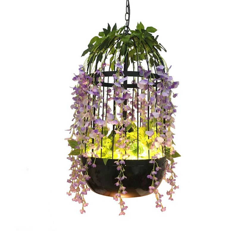 Birdcage Restaurant Pendant Ceiling Light Retro Metal 1 Head Black LED Drop Lamp with Flower Decor Clearhalo 'Art Deco Pendants' 'Black' 'Cast Iron' 'Ceiling Lights' 'Ceramic' 'Crystal' 'Industrial Pendants' 'Industrial' 'Metal' 'Middle Century Pendants' 'Pendant Lights' 'Pendants' 'Rustic Pendants' 'Tiffany' Lighting' 392291