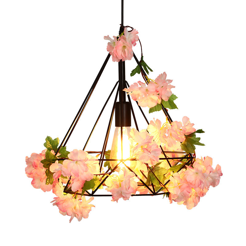 Diamond Metal Suspension Pendant Antique 1 Head Restaurant LED Ceiling Light in Black with Cherry Blossom, 10