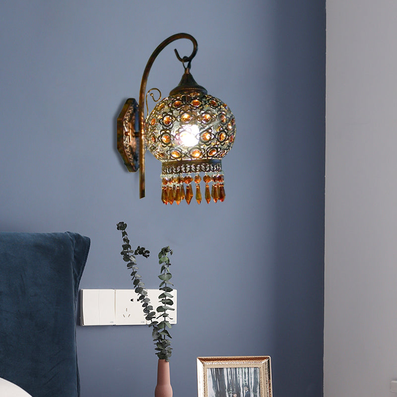 Rust 1 Bulb Sconce Light Bohemian Metal Global Wall Mount Lighting with Dangling Crystal for Bedroom Clearhalo 'Wall Lamps & Sconces' 'Wall Lights' Lighting' 392494