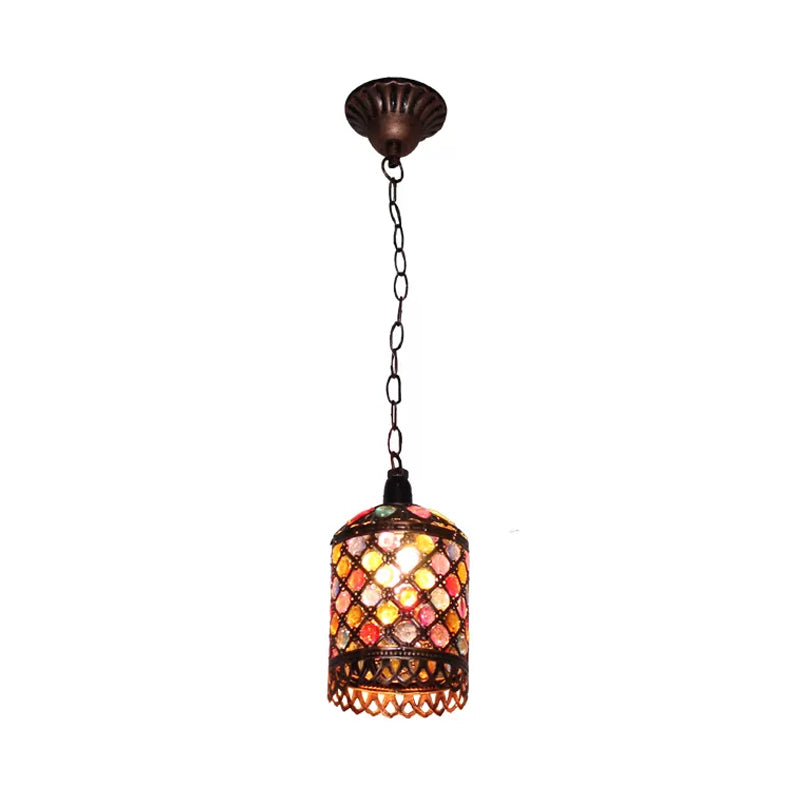 Stained Glass Bronze Hanging Pendant Cylinder/Rectangle/Barrel 1 Head Bohemian Drop Lamp for Living Room Clearhalo 'Ceiling Lights' 'Pendant Lights' 'Pendants' Lighting' 392522