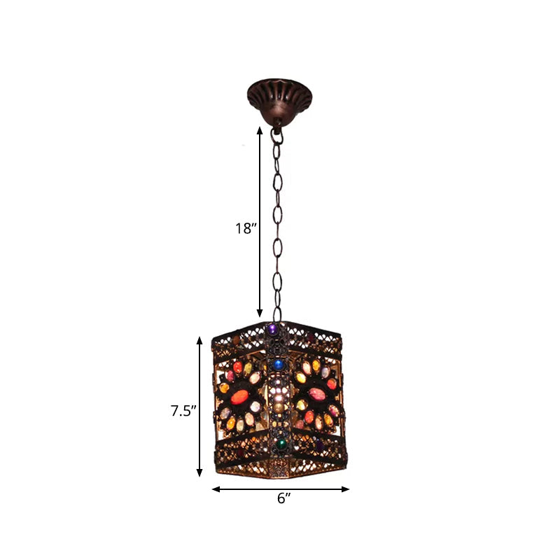 Stained Glass Rust Hanging Light Globe/Rectangle 1 Head Traditional Suspension Lamp for Dining Room Clearhalo 'Ceiling Lights' 'Pendant Lights' 'Pendants' Lighting' 392541