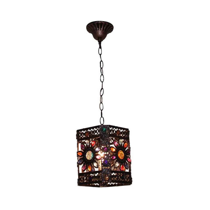 Stained Glass Rust Hanging Light Globe/Rectangle 1 Head Traditional Suspension Lamp for Dining Room Clearhalo 'Ceiling Lights' 'Pendant Lights' 'Pendants' Lighting' 392542