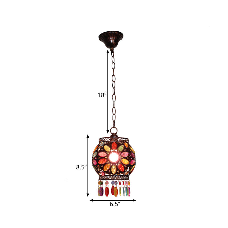 Stained Glass Rust Hanging Light Globe/Rectangle 1 Head Traditional Suspension Lamp for Dining Room Clearhalo 'Ceiling Lights' 'Pendant Lights' 'Pendants' Lighting' 392547