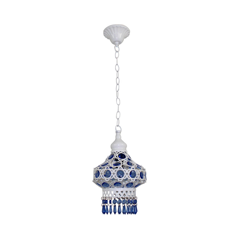 Lantern Metal Ceiling Pendant Bohemian 1 Light Living Room Hanging Ceiling Light in White/Blue Clearhalo 'Ceiling Lights' 'Pendant Lights' 'Pendants' Lighting' 392693