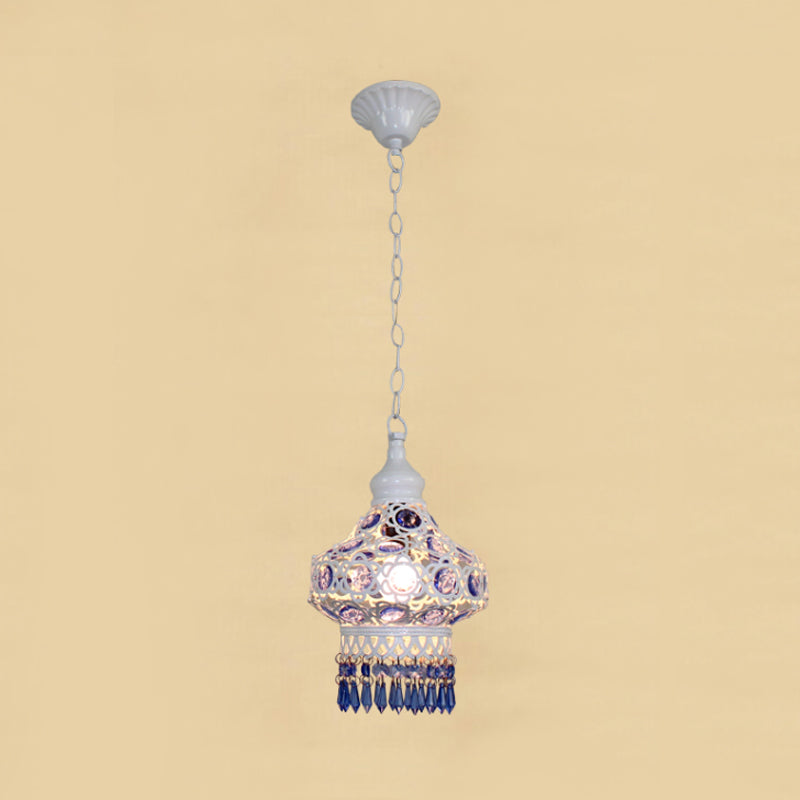 Lantern Metal Ceiling Pendant Bohemian 1 Light Living Room Hanging Ceiling Light in White/Blue Clearhalo 'Ceiling Lights' 'Pendant Lights' 'Pendants' Lighting' 392694