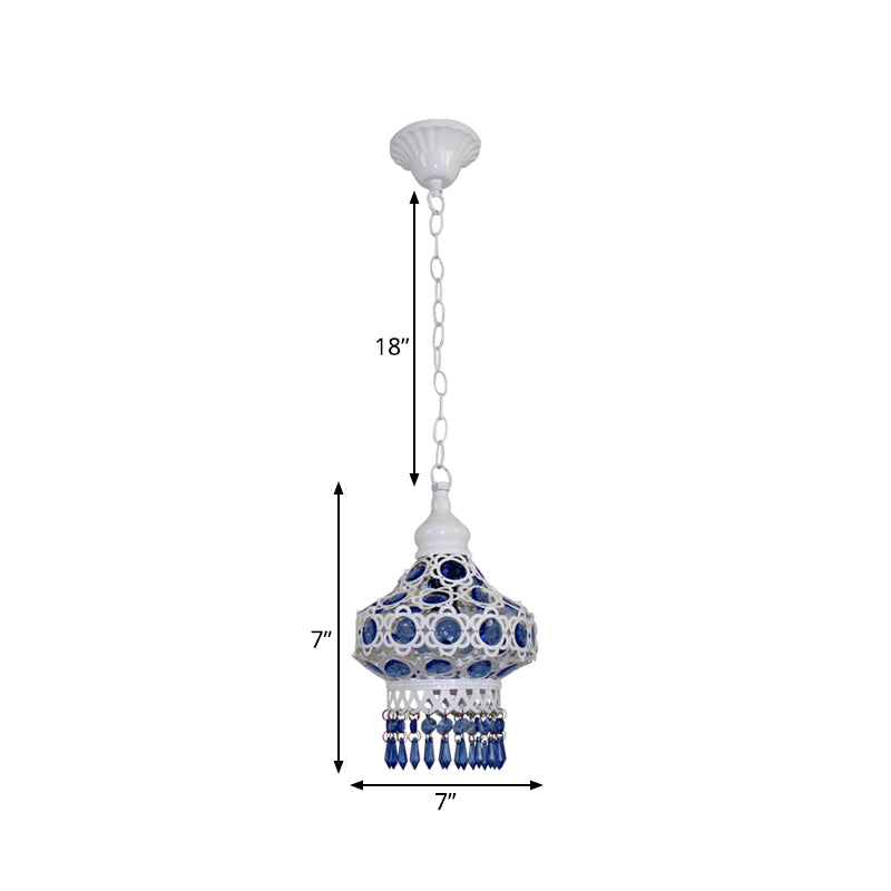 Lantern Metal Ceiling Pendant Bohemian 1 Light Living Room Hanging Ceiling Light in White/Blue Clearhalo 'Ceiling Lights' 'Pendant Lights' 'Pendants' Lighting' 392695