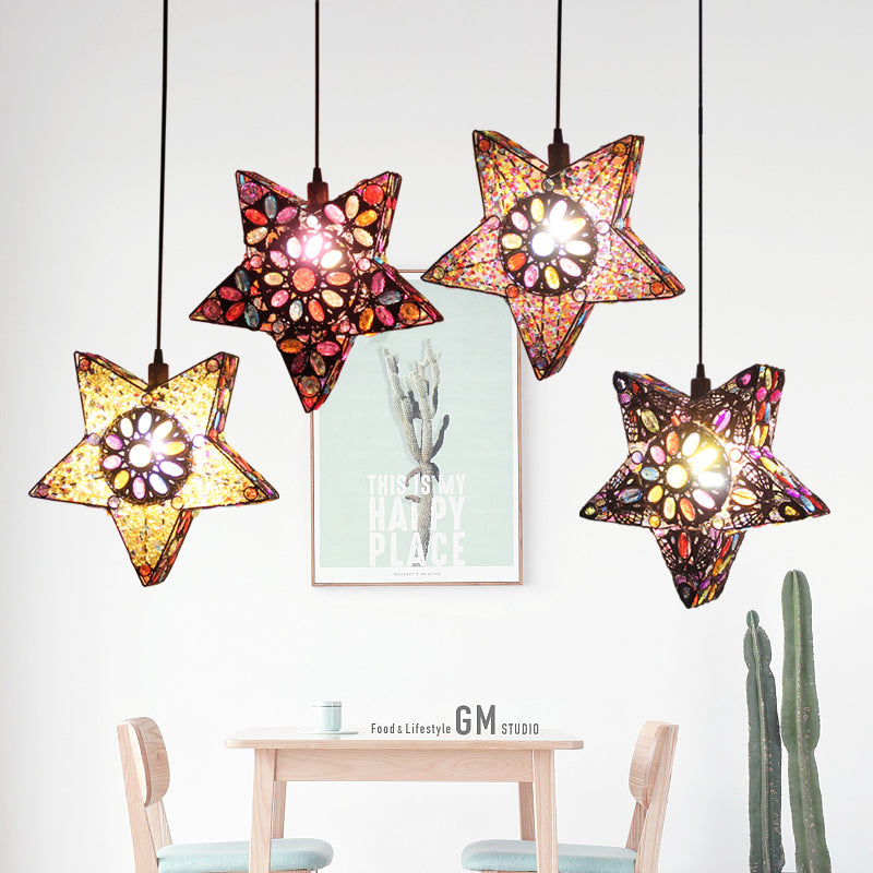 Metal Pentagram Pendant Ceiling Light Art Deco 1 Head Dining Room Drop Lamp in Black/Red/Yellow Clearhalo 'Ceiling Lights' 'Pendant Lights' 'Pendants' Lighting' 392734