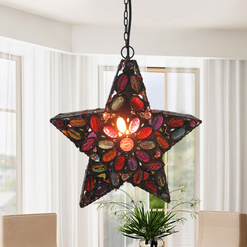 Metal Pentagram Pendant Ceiling Light Bohemian 1 Head Living Room Drop Lamp in Red Red Clearhalo 'Ceiling Lights' 'Pendant Lights' 'Pendants' Lighting' 392748_dae952bc-b25f-43ab-8866-78d26efd68b5