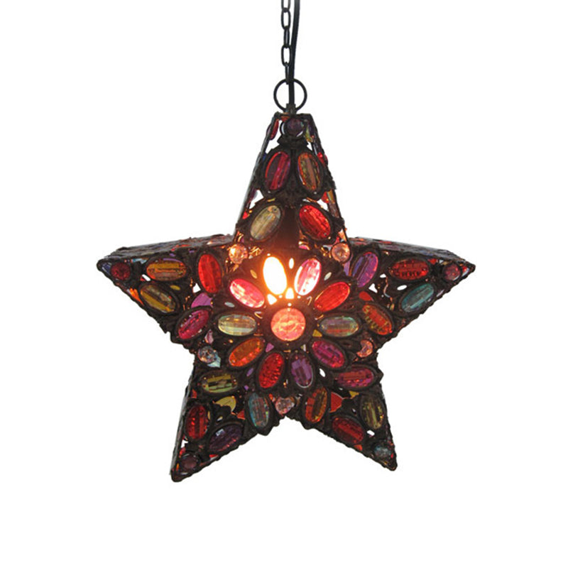 Metal Pentagram Pendant Ceiling Light Bohemian 1 Head Living Room Drop Lamp in Red Clearhalo 'Ceiling Lights' 'Pendant Lights' 'Pendants' Lighting' 392751