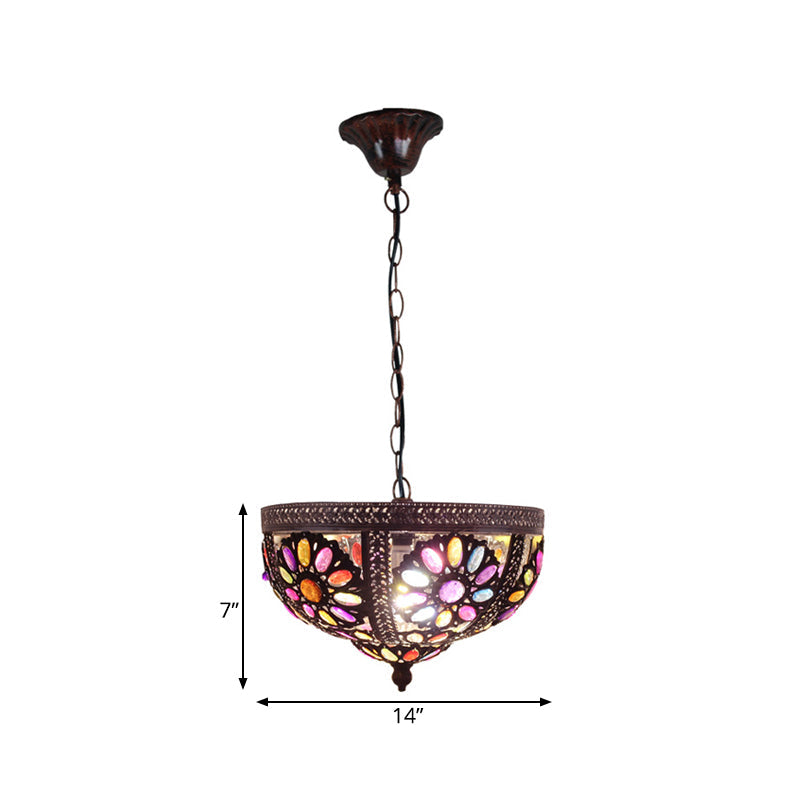 Bowl Restaurant Pendant Light Kit Art Deco Stained Glass 1 Bulb Rust Down Lighting Clearhalo 'Ceiling Lights' 'Glass shade' 'Glass' 'Pendant Lights' 'Pendants' Lighting' 392765