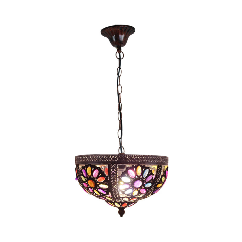 Bowl Restaurant Pendant Light Kit Art Deco Stained Glass 1 Bulb Rust Down Lighting Clearhalo 'Ceiling Lights' 'Glass shade' 'Glass' 'Pendant Lights' 'Pendants' Lighting' 392767