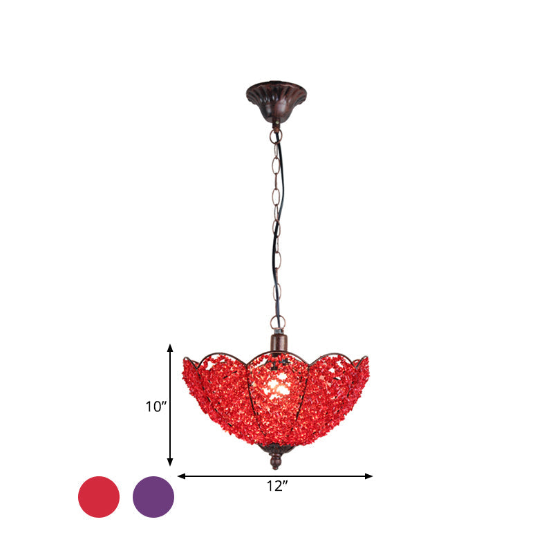 Metal Red/Purple Hanging Ceiling Light Scalloped 1 Head Art Deco Pendant Lamp for Restaurant Clearhalo 'Ceiling Lights' 'Pendant Lights' 'Pendants' Lighting' 392777