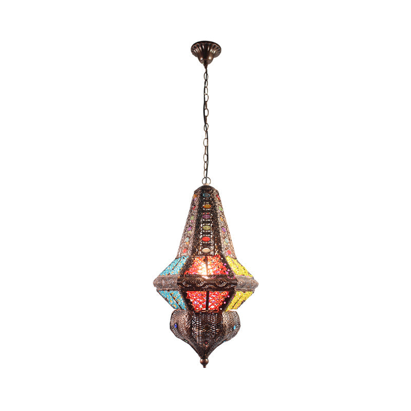 Red/Bronze 1 Light Pendant Lighting Traditional Metal Lantern Hanging Light Fixture for Restaurant Clearhalo 'Ceiling Lights' 'Pendant Lights' 'Pendants' Lighting' 392808