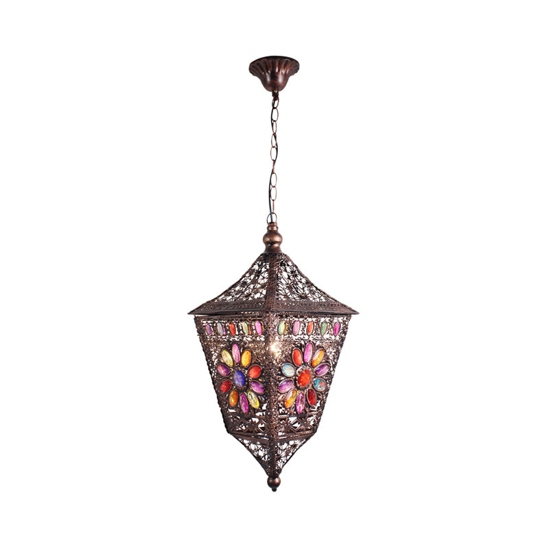 Rust Lantern Hanging Lamp Kit Traditional Metal 1 Head Restaurant Suspension Lighting Clearhalo 'Ceiling Lights' 'Pendant Lights' 'Pendants' Lighting' 392856