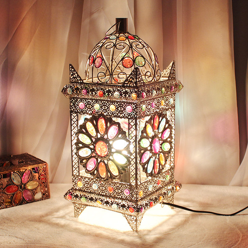 Lantern Bedroom Night Table Light Bohemian Metal 1 Light Silver/White/Bronze Nightstand Lighting Silver Clearhalo 'Lamps' 'Table Lamps' Lighting' 393295