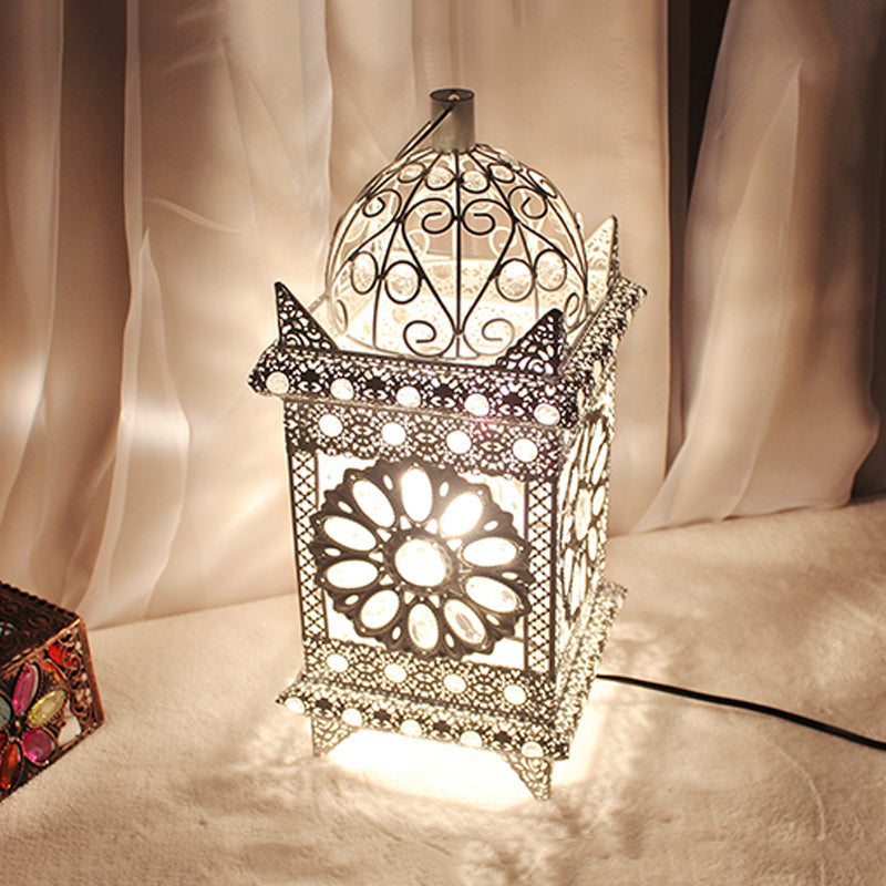 Lantern Bedroom Night Table Light Bohemian Metal 1 Light Silver/White/Bronze Nightstand Lighting Clearhalo 'Lamps' 'Table Lamps' Lighting' 393305