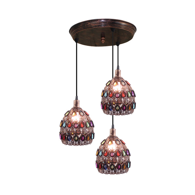 Rust 3 Bulbs Multi Light Pendant Traditional Metal Dome Suspension Lamp with Round/Linear Canopy for Bedroom Clearhalo 'Ceiling Lights' 'Pendant Lights' 'Pendants' Lighting' 393326