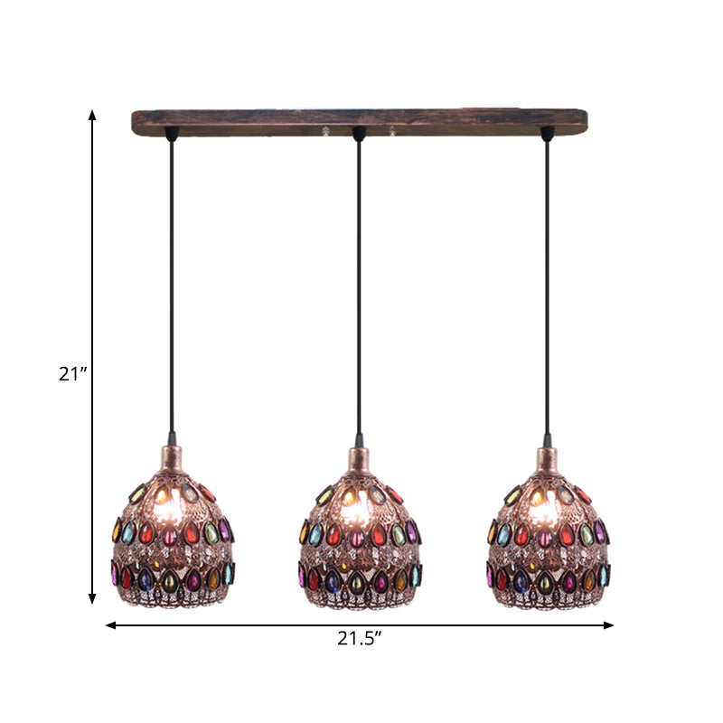 Rust 3 Bulbs Multi Light Pendant Traditional Metal Dome Suspension Lamp with Round/Linear Canopy for Bedroom Clearhalo 'Ceiling Lights' 'Pendant Lights' 'Pendants' Lighting' 393329