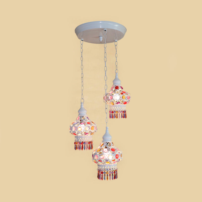 Metal Red/Blue Cluster Pendant Light Lantern 3 Heads Bohemian Ceiling Lamp with Round/Linear Canopy Clearhalo 'Ceiling Lights' 'Pendant Lights' 'Pendants' Lighting' 393337