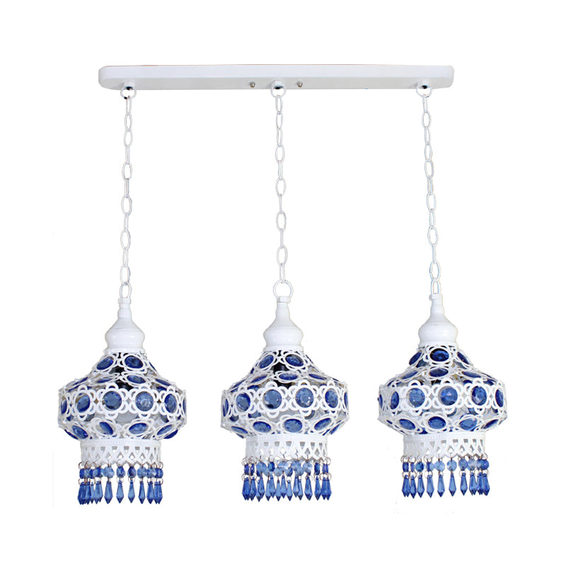 Metal Red/Blue Cluster Pendant Light Lantern 3 Heads Bohemian Ceiling Lamp with Round/Linear Canopy Clearhalo 'Ceiling Lights' 'Pendant Lights' 'Pendants' Lighting' 393338