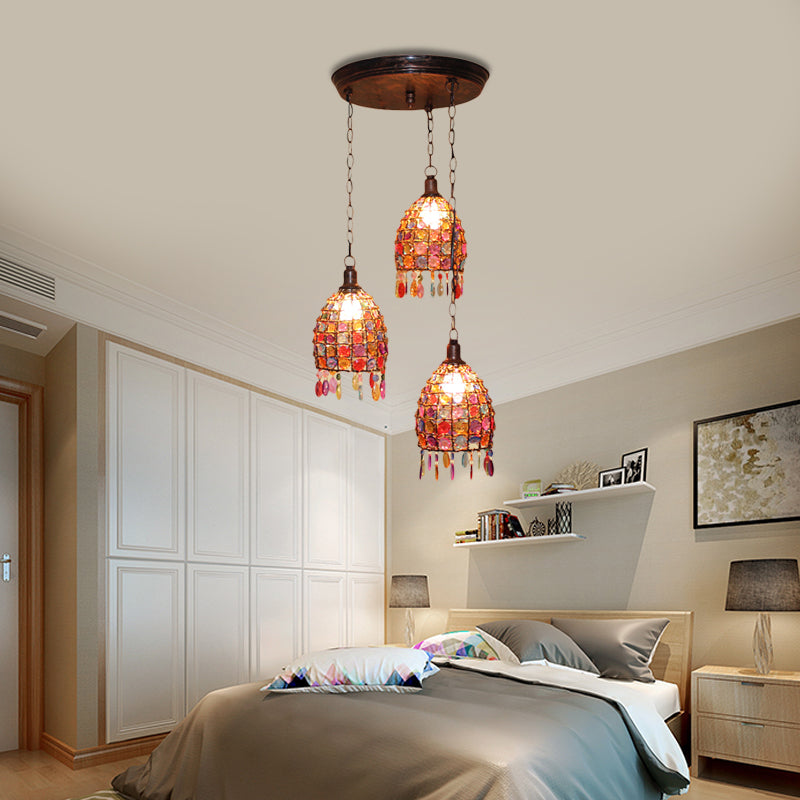 Dome Bedroom Cluster Pendant Light Bohemian Metal 3 Lights Rust Hanging Lamp with Round/Linear Canopy Clearhalo 'Ceiling Lights' 'Pendant Lights' 'Pendants' Lighting' 393353