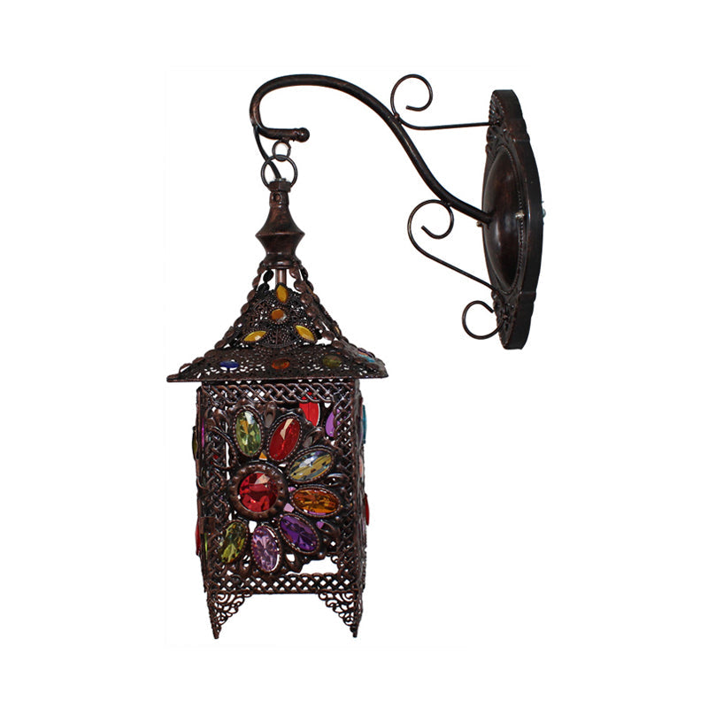 Lantern Bedroom Sconce Wall Light Bohemian Metal 1 Bulb Brass/Black Wall Lighting Fixture Clearhalo 'Wall Lamps & Sconces' 'Wall Lights' Lighting' 393368