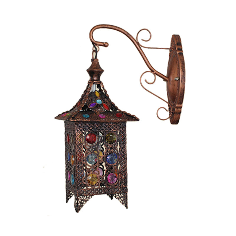 Lantern Bedroom Sconce Wall Light Bohemian Metal 1 Bulb Brass/Black Wall Lighting Fixture Clearhalo 'Wall Lamps & Sconces' 'Wall Lights' Lighting' 393372